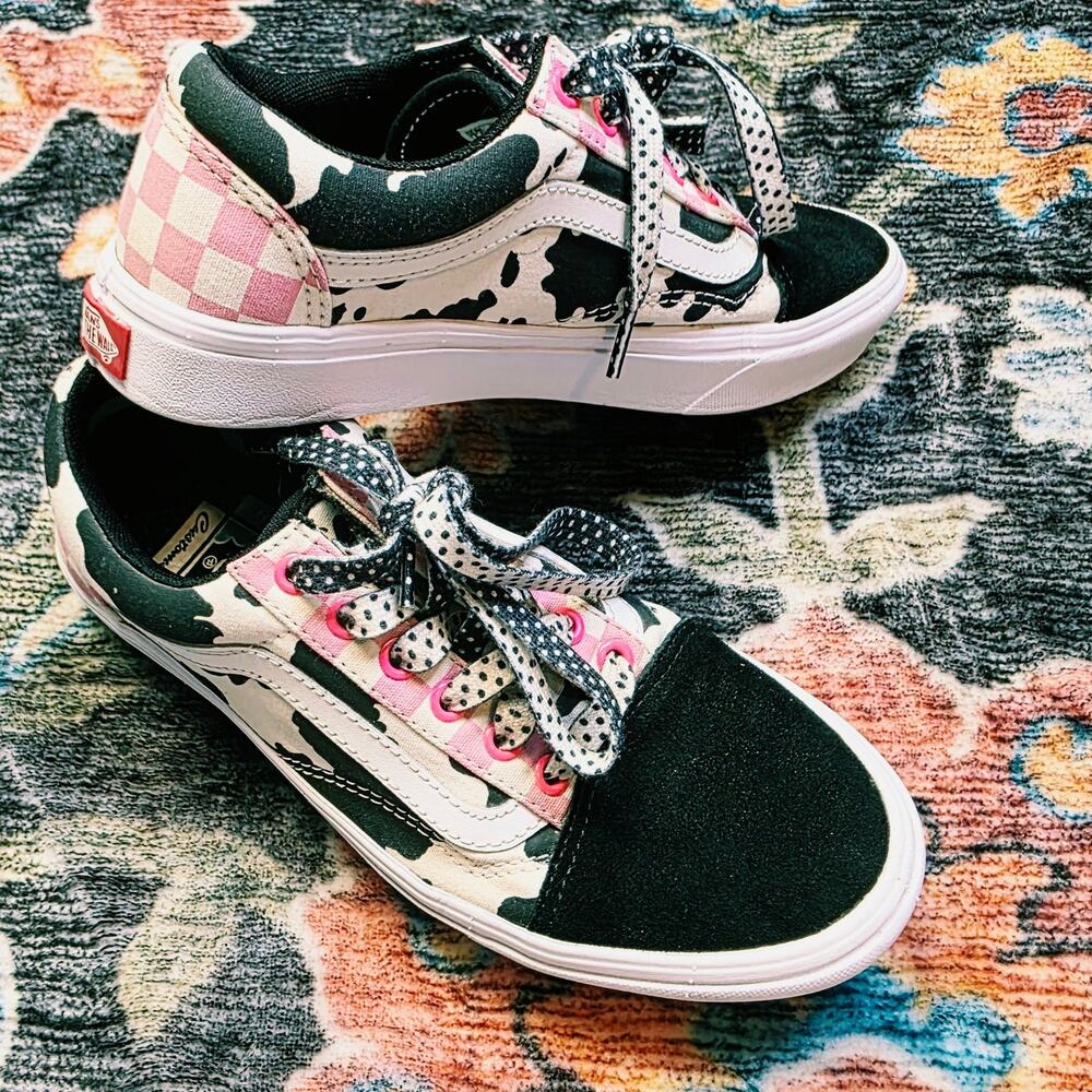 Vans Old Skool ComfyCush Customs Cow Print Pink Checkerboard Sneakers Size 7
